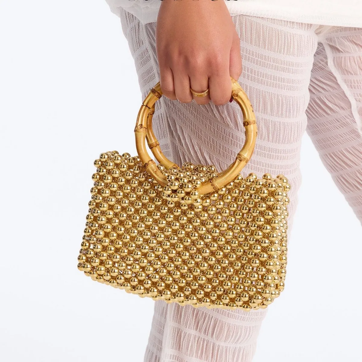 Niche design fashionable light luxury high sense bamboo double circle handmade beaded woven acrylic handbag