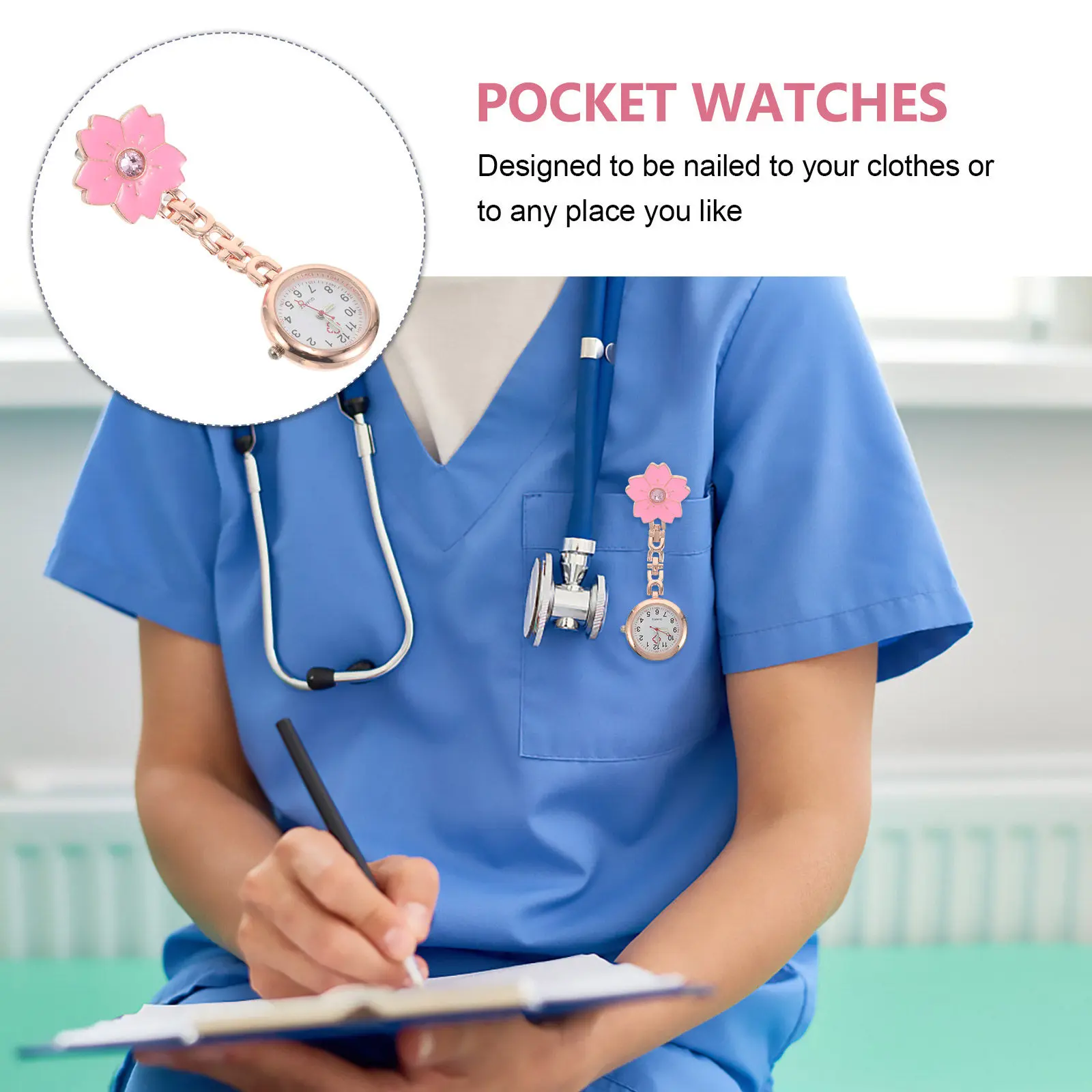 Small Pocket Watch Flower Nurse Clip-on Nurse Fob Analog Watch Second Hand for Clinical Nurses Doctors Staff