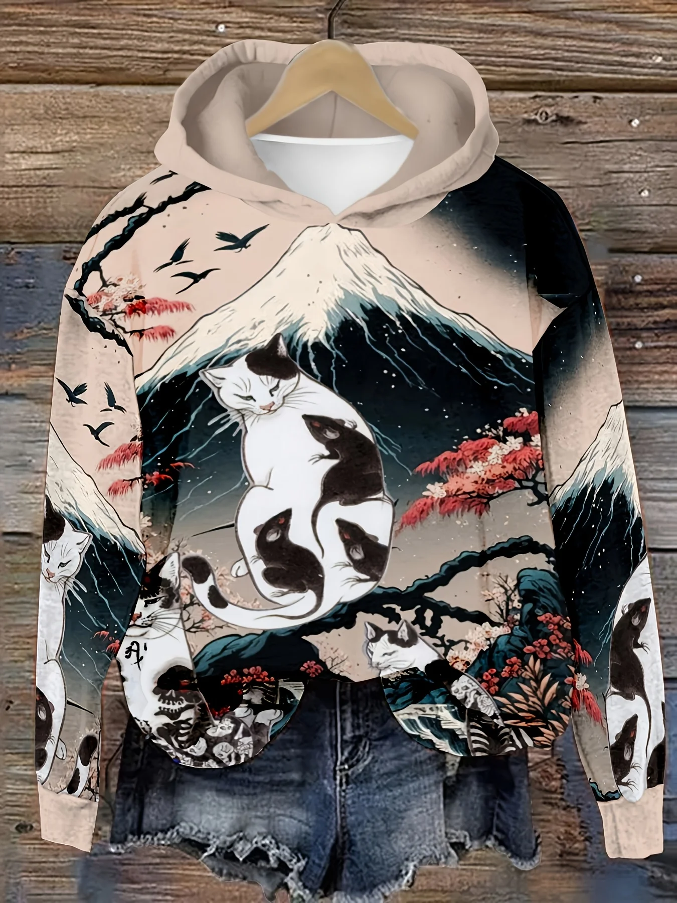 PLstar Cosmos 3D Printed Japanese Wave Cat Pattern Women's Casual Hoodie