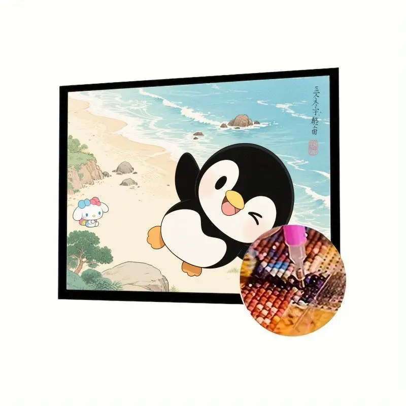 

1PC 5D Full Drill Diamond Painting Kit - Adorable Cartoon Penguin & Cinnamoroll at Sunny Beach Seaside - DIY Rhinestone Embroide