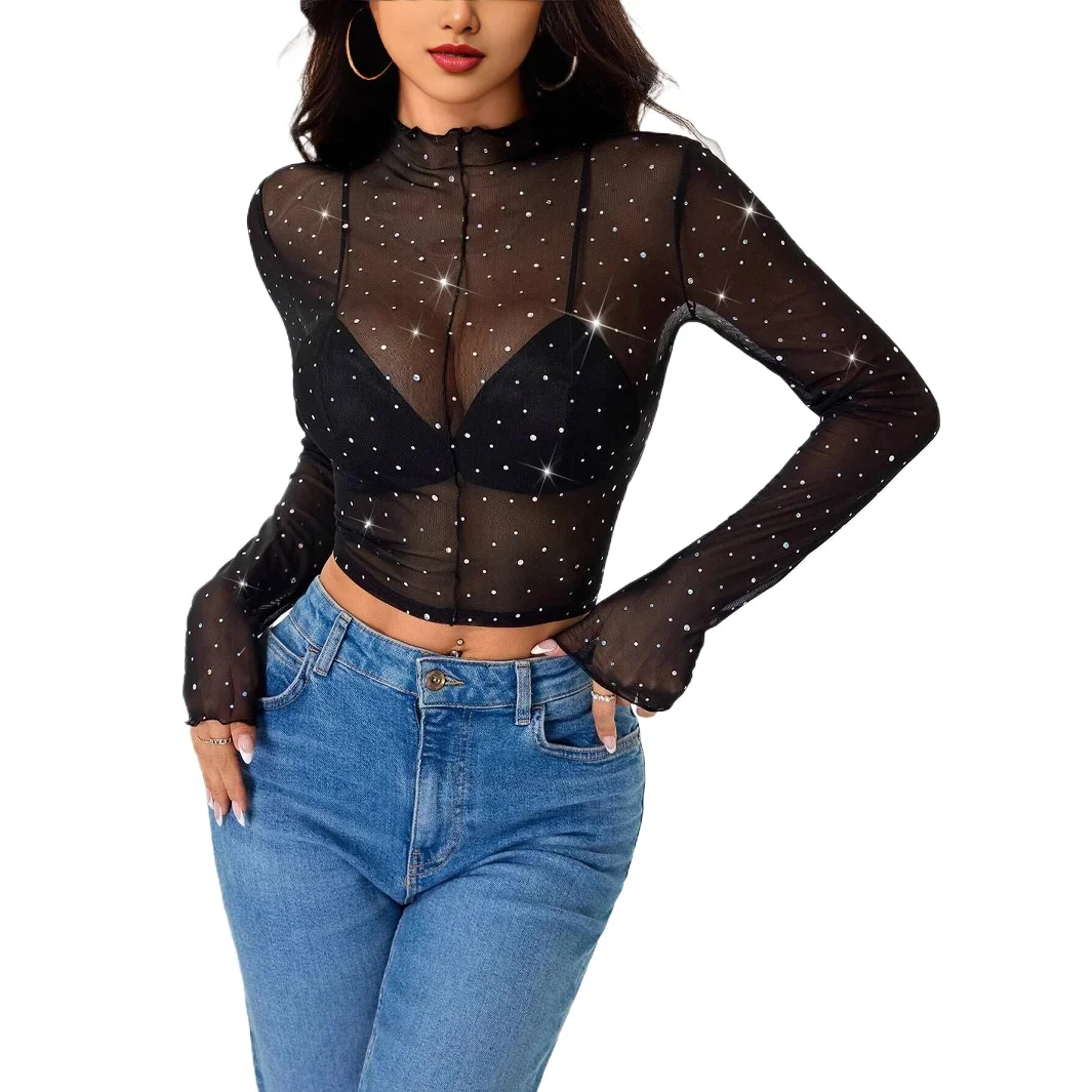2026 New Small Stand-up Collar Long-sleeved Mesh Transparent Sequin Decorative T-shirt Top Women's Cw49178