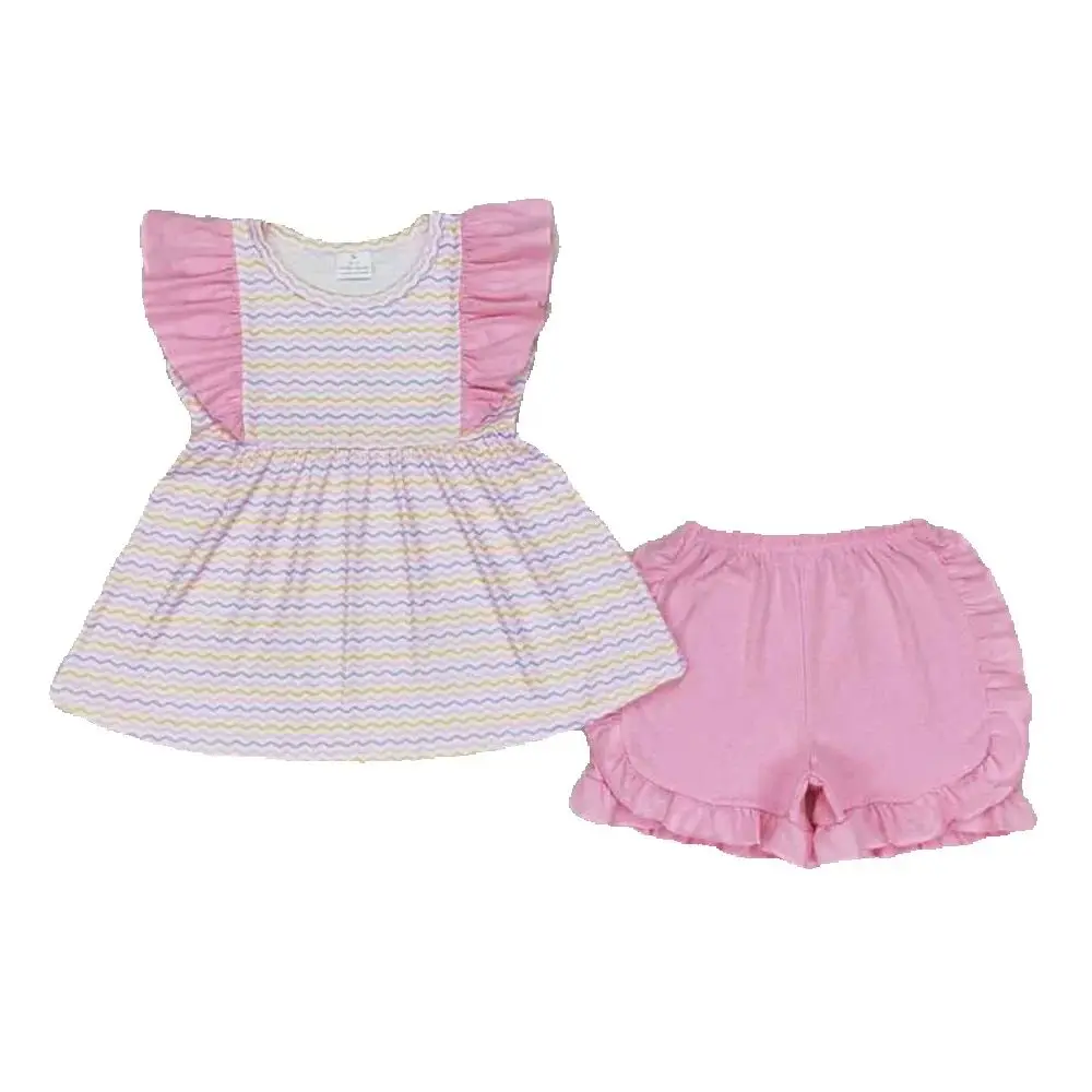 

Baby Girls Wave Stripes Tunic Ruffle Shorts Clothes Sets
