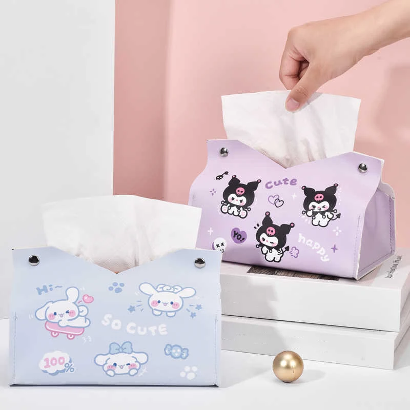 Sanrio Kuromi 소녀 심장 Cinnamoroll 티슈 상자 만화 세트 고양이 티슈 상자 Pu 가죽 침실 거실 자동차 보관 상자