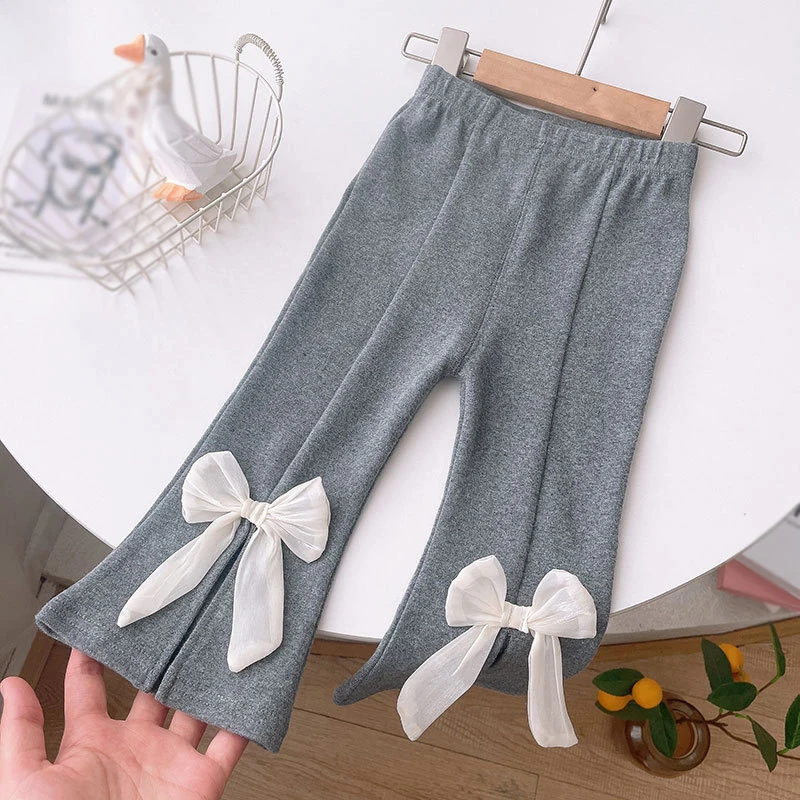 Spring Autumn Kids Pants for Girl 1-9Y Solid Sweet Bow Decor Flared Pants Baby Child Soft Versatile Casual Fashion Outing Trouse