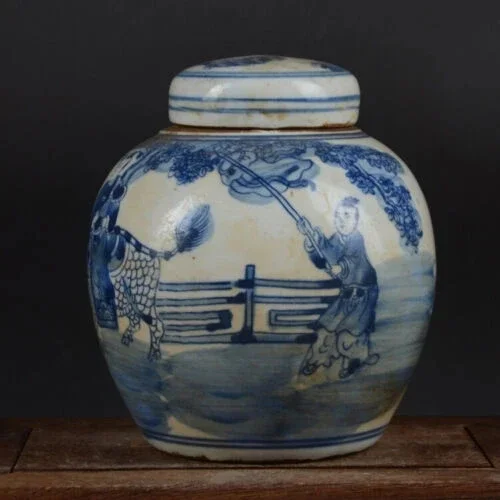 Chinese Blue and White Porcelain Jar Qing Kylin & Kid Design Pot Tea Caddy 6.3