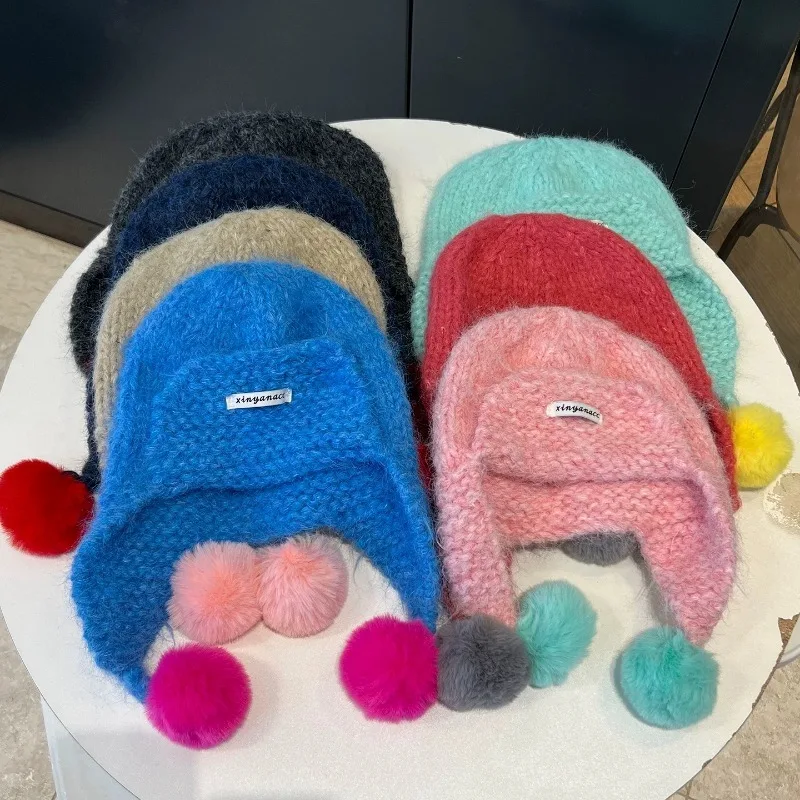 Dopamine Color‑Block Knit Trapper Hat Vibrant Contrast Color Ear Flap Winter Cap Soft Warm Plush Windproof Street‑Style Headwear