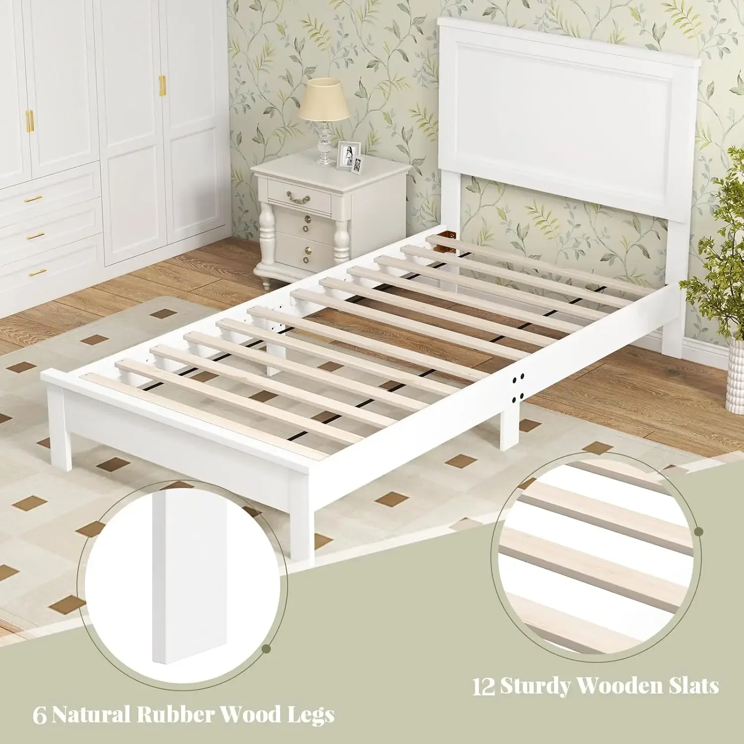 Wood Twin Bed Frames with Headboard, Mid Century Platform Bed Frame with Solid Wood Legs & Wooden Slat Support, Twin Bed