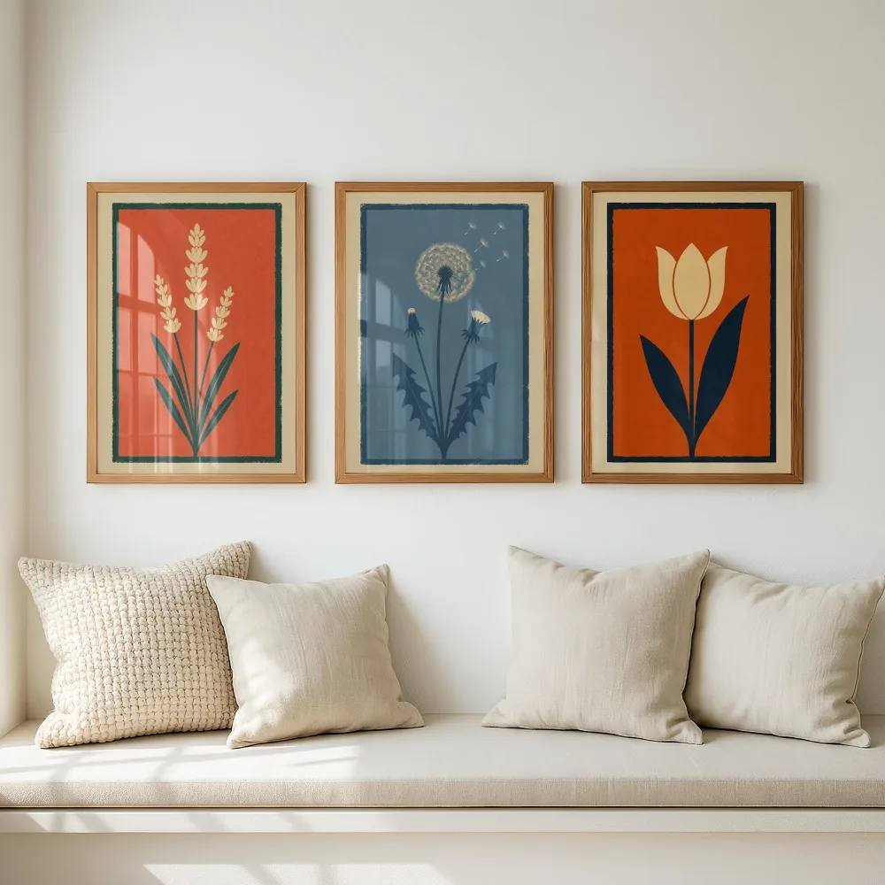 3pcs frameless Canvas Painting 3pcs Frameless,Modern Plant Version,Scandinavian Flower Wall Art,Bauhaus Flower Poster,Retro Oran