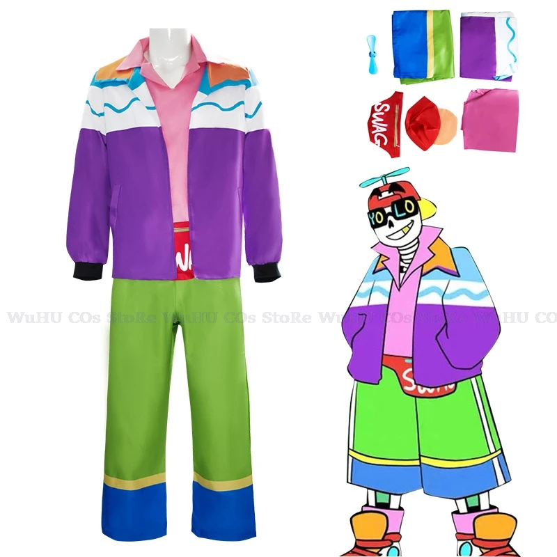 Anime Spel Onder Verhaal Au Fris Sans Cosplay Kostuum Color Hiphop Stijl Jas Hoed Uniform Volledig Set Volwassen Man Carnaval Pak