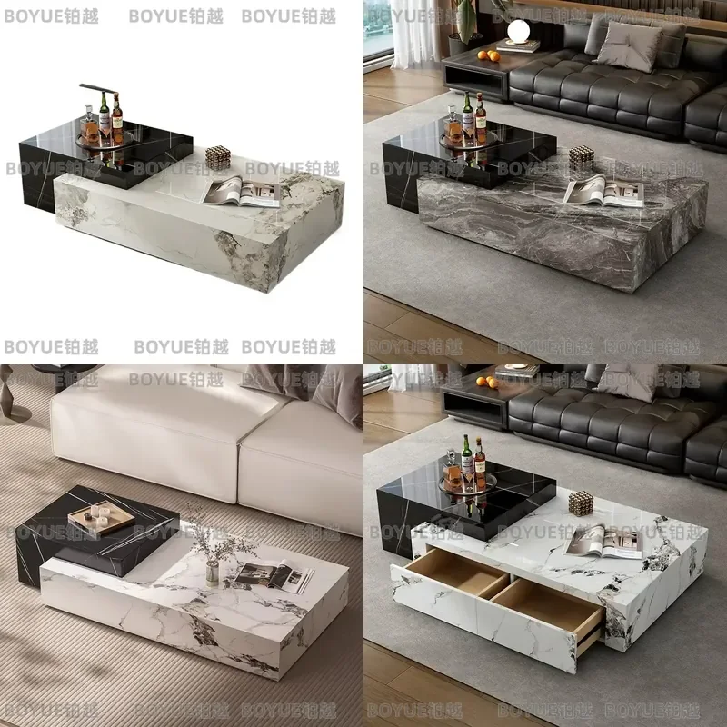 for Tuochen A04 Modern Luxury Marble Top Wooden Rectangle Coffee Table Set with Drawer Stretchable Furniture for Home Living