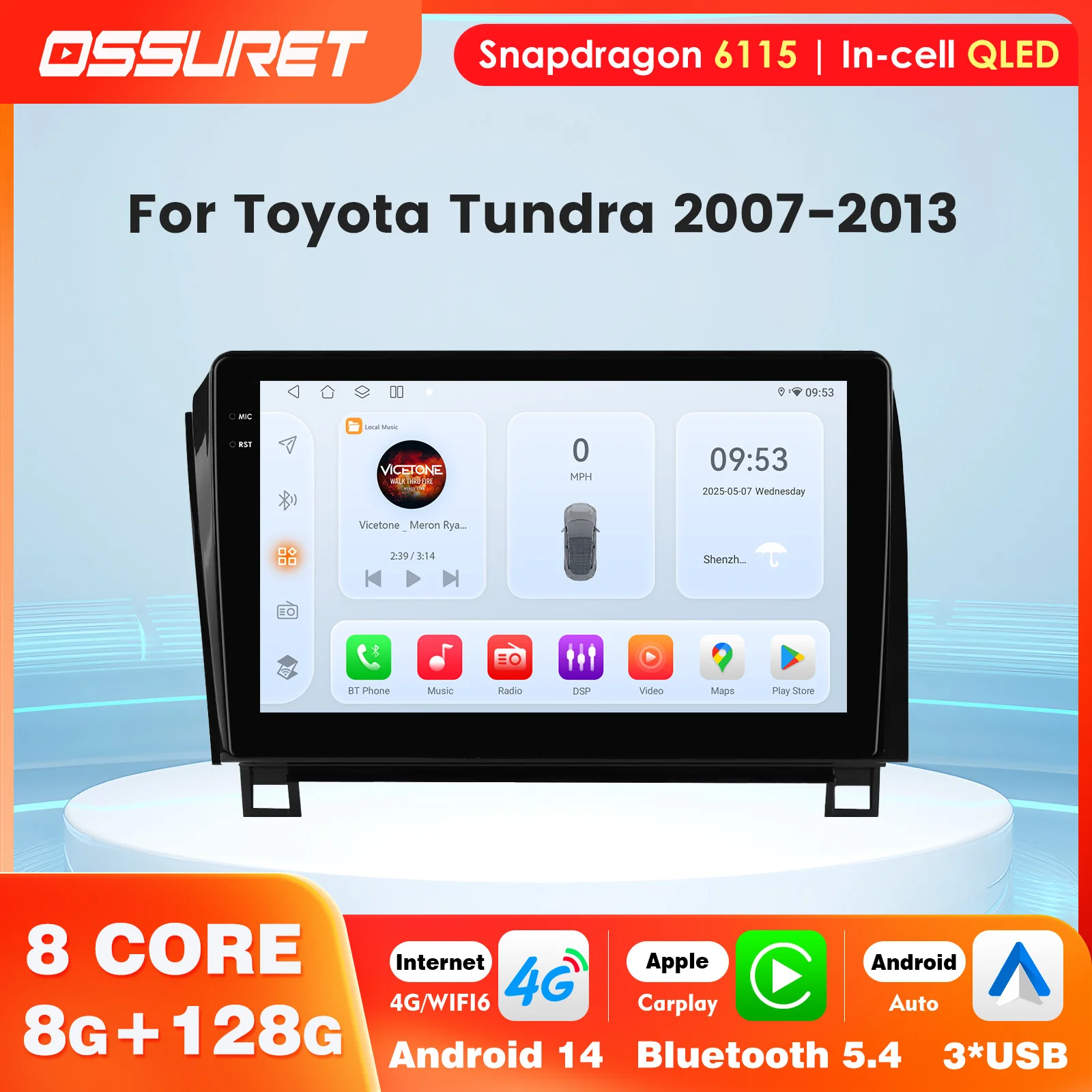 4G LTE Octa Core Android 14 Car Multimedia Player GPS Navigation Support Carplay for Toyota Tundra 2007-2013 Sequoia 2008-2017