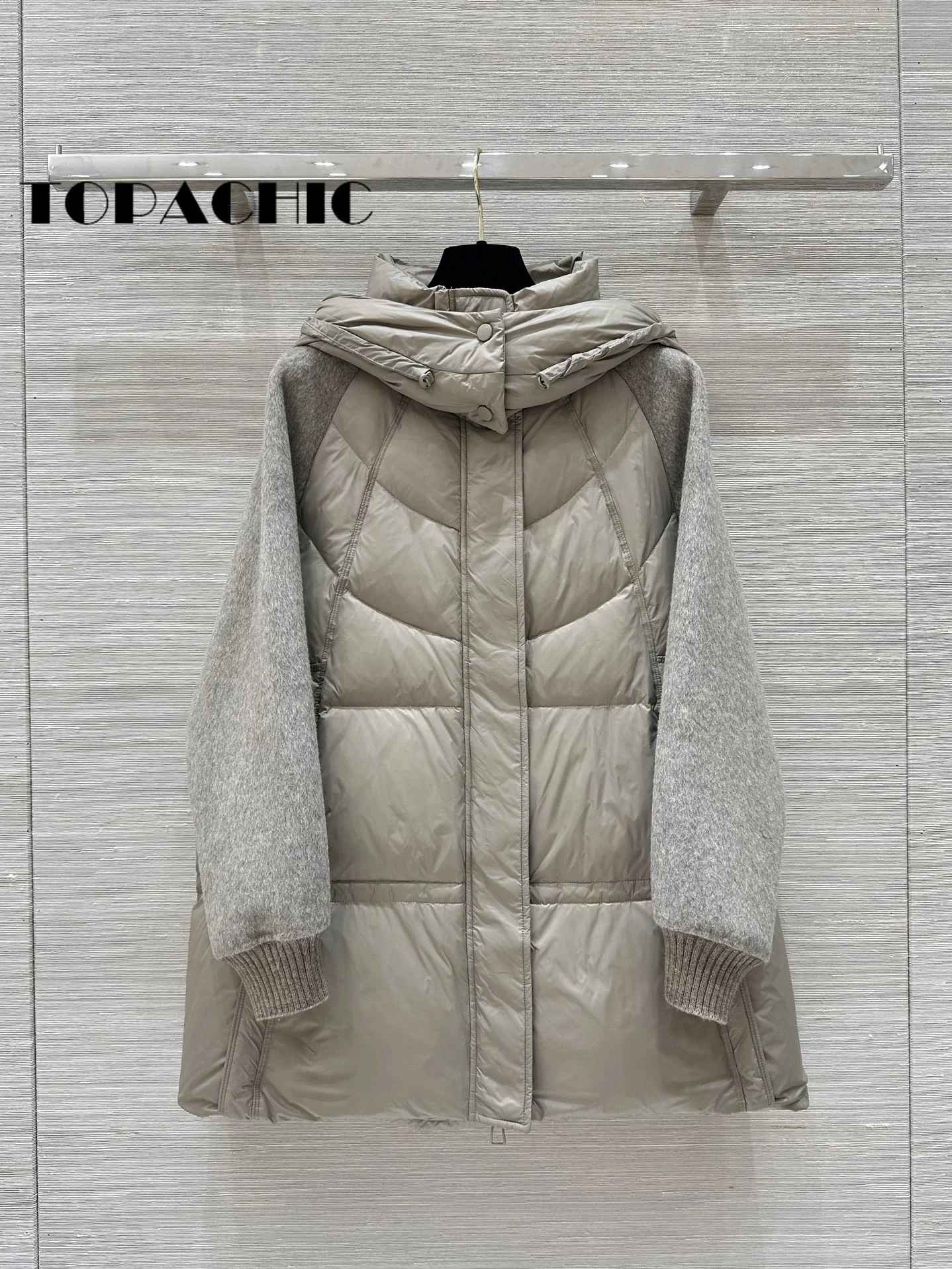 10.7 TOPACHIC-Women Knit Cuff Double-Sided Wool Spliced Hooded Quilted Mid-Length Outerwear White Duck Down Loose Zipper Jacket