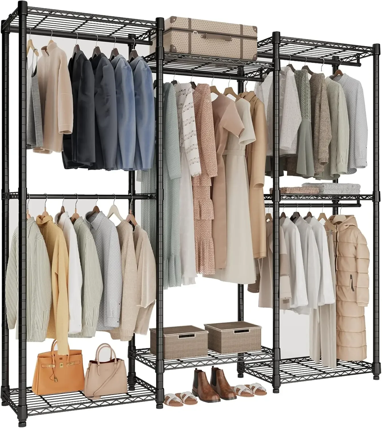 Clothes Rack, Heavy Duty Clothing Rack with 5 Hang Rods & 7 Shelves, Adjustable Closet Organizers and Storage Wardrobe