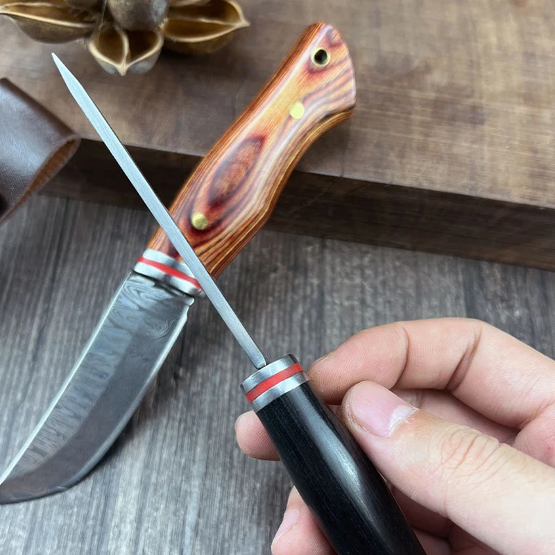 Colored Wood Handle Laser Damascus Pattern Knives Fruit Knife For Household Outdoor Survival Self-defense Sharp Straight Knife