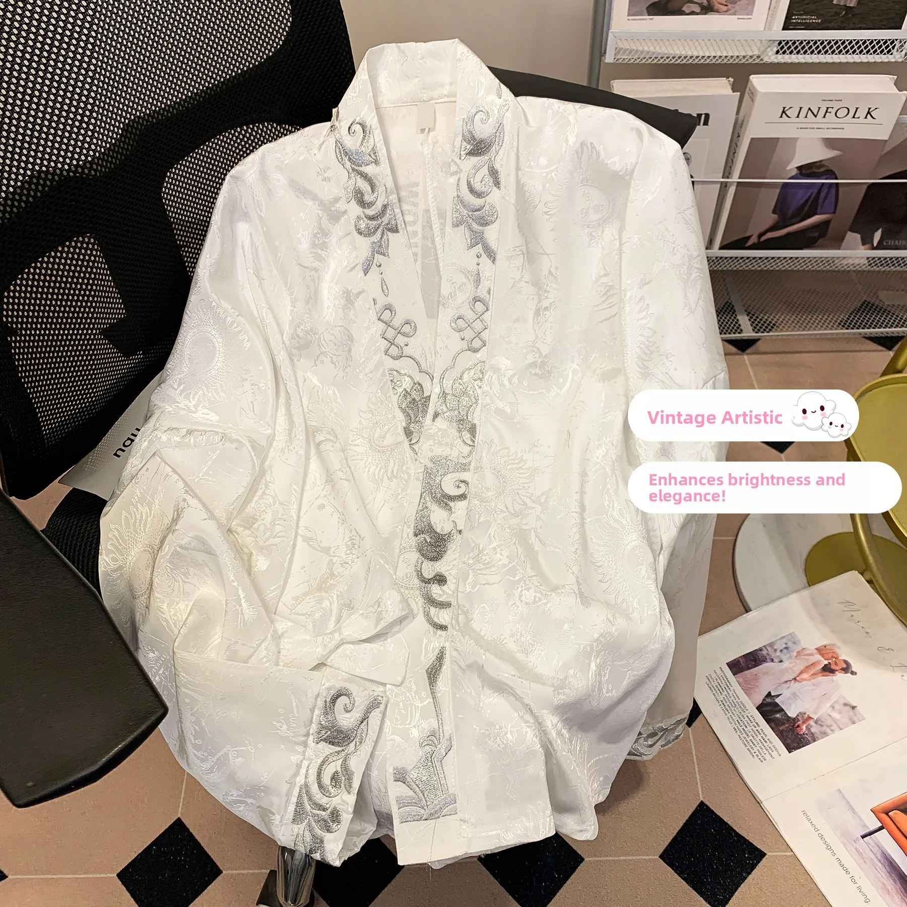 New Chinese Style Heavy Embroidery V-Neck Long Sleeve Shirt Commute  Tails Skirt Matching Top Cotton Traditional Costume