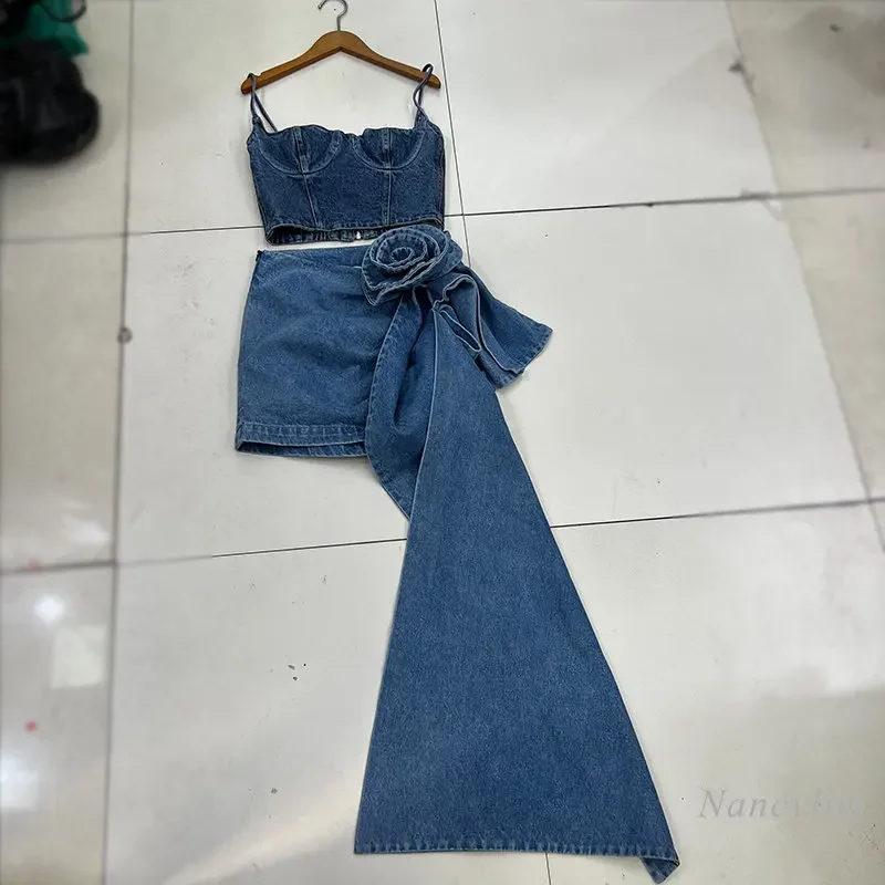 

2024 Summer Denimwear Skirts Sets 2 Piece Set New Fashion Cool Street Camisole + Three-Dimensional Flower Ribbon Denim Skirt Ins