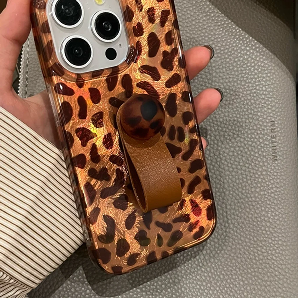 Retro Illusion Color Brown Leopard Print Stereoscopic Bead Ring Buckle With Holder Cover Case For iPhone 16 15 14 13 12 Pro Max