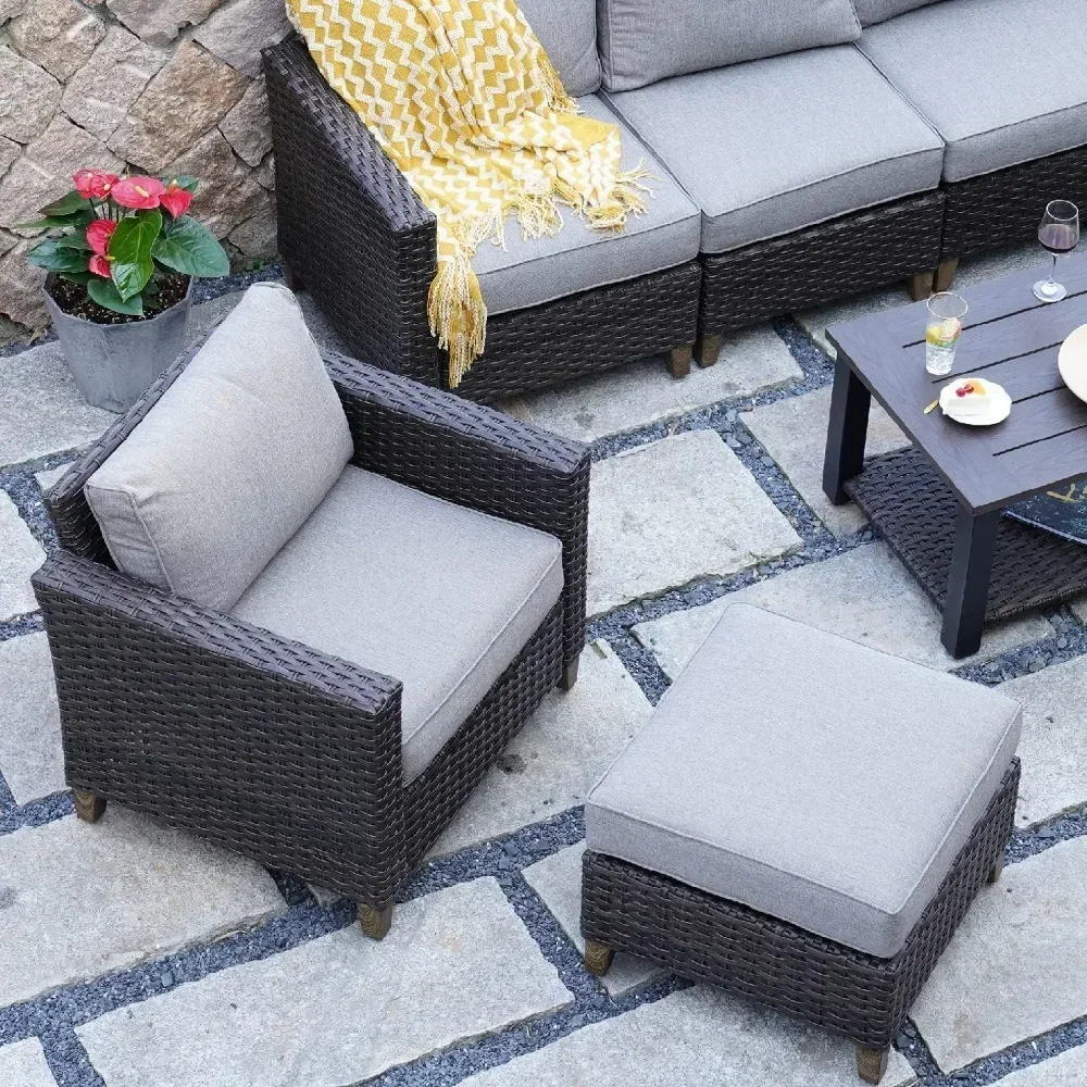 patio Outdoor Furniture, Patio Wicker Sectional Sofa Modular Furniture Set Single Sofa with Thick Cushions