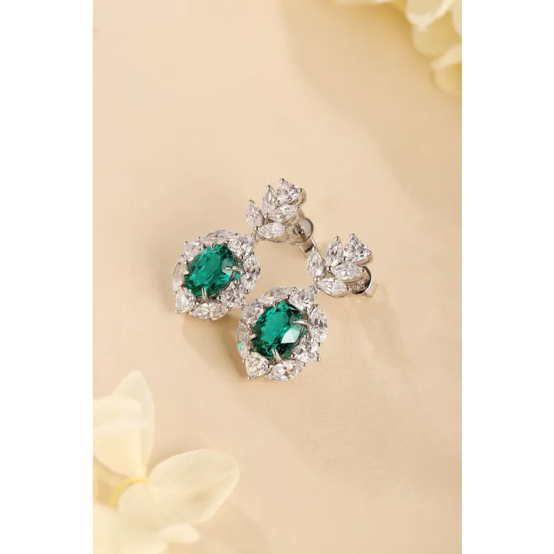 Ruihe New Customize 925 Silver Oval Shape 3.59ct Lab Grown Emerald Gmestone Earrings Fine Jewelry for Women Gift Wedding Favor