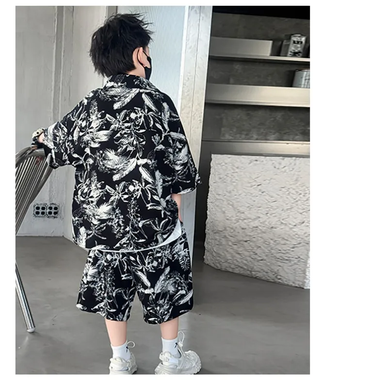 Boys Short-sleeved Suit Summer Thin Youth Fashion Flower Shirt Shorts Han Fan Casual Two-piece Set