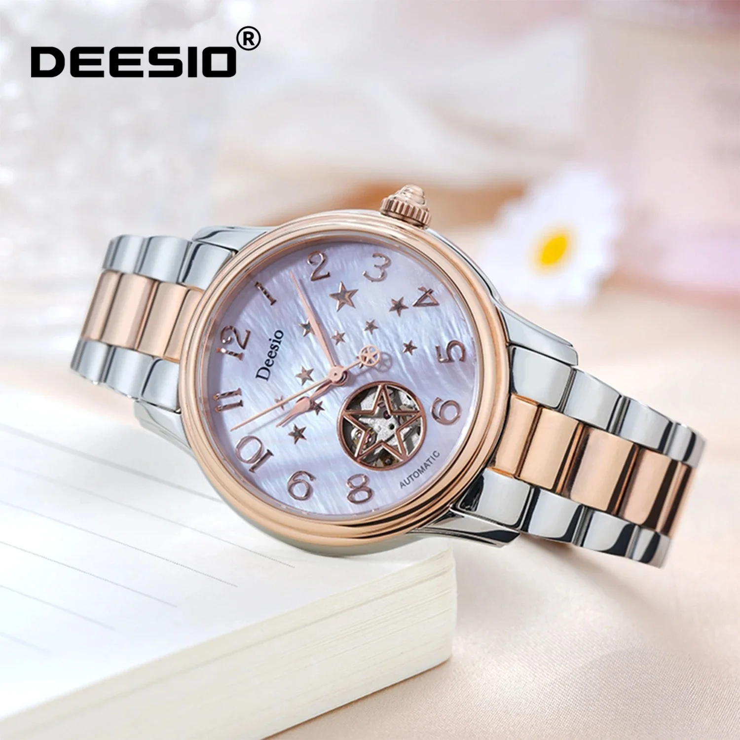Deesio Womens Automatic Mechanical Watch Skeleton Dial Stainless Steel Band 50M Waterproof Watch Gift for Valentine Birthday