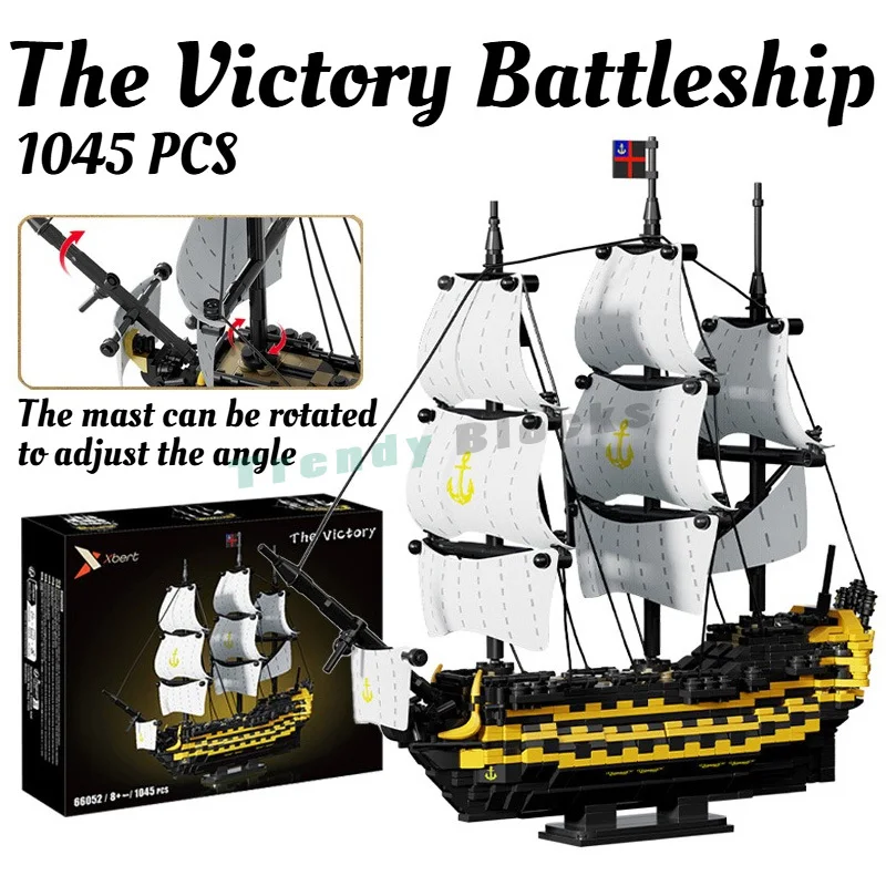 1045PCS The Victory Battleship Sail Boat Building Blocks,Sea Voyage Vessel Collect Ornament Model Toys,Christamas Birthday Gifts
