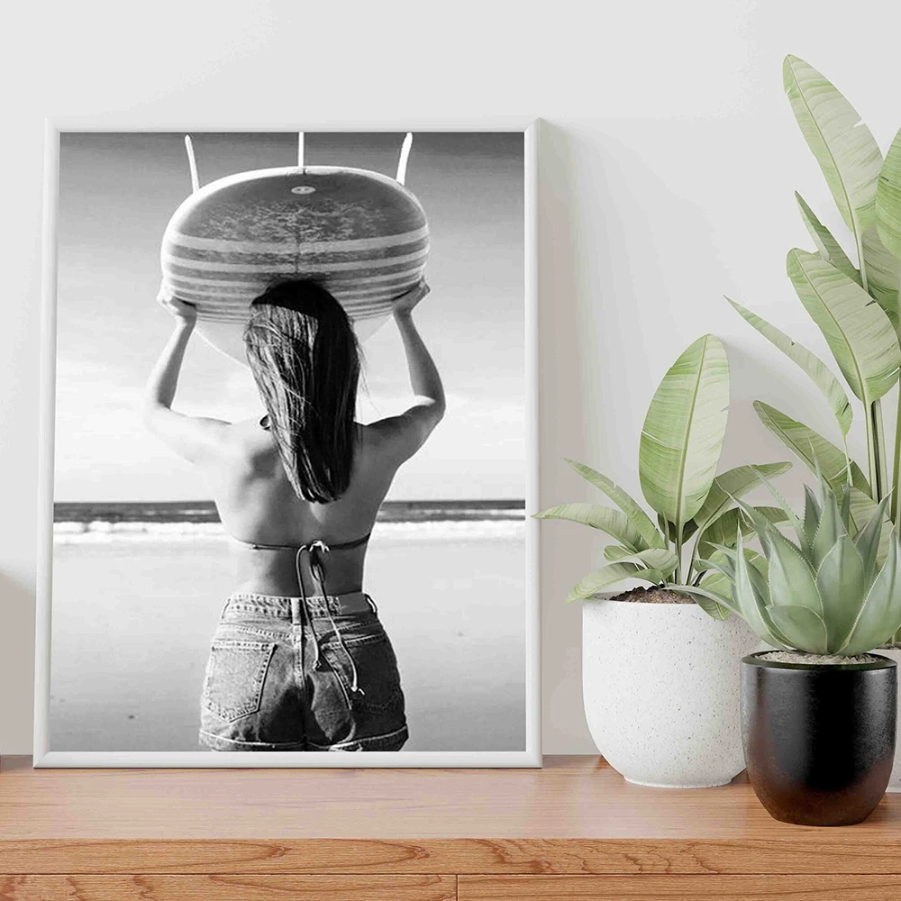 

Female Girls Surfboard Ocean Print Pictures Black and White Posters Surf Retro Eternal Photography Home Decor Canvas Painting