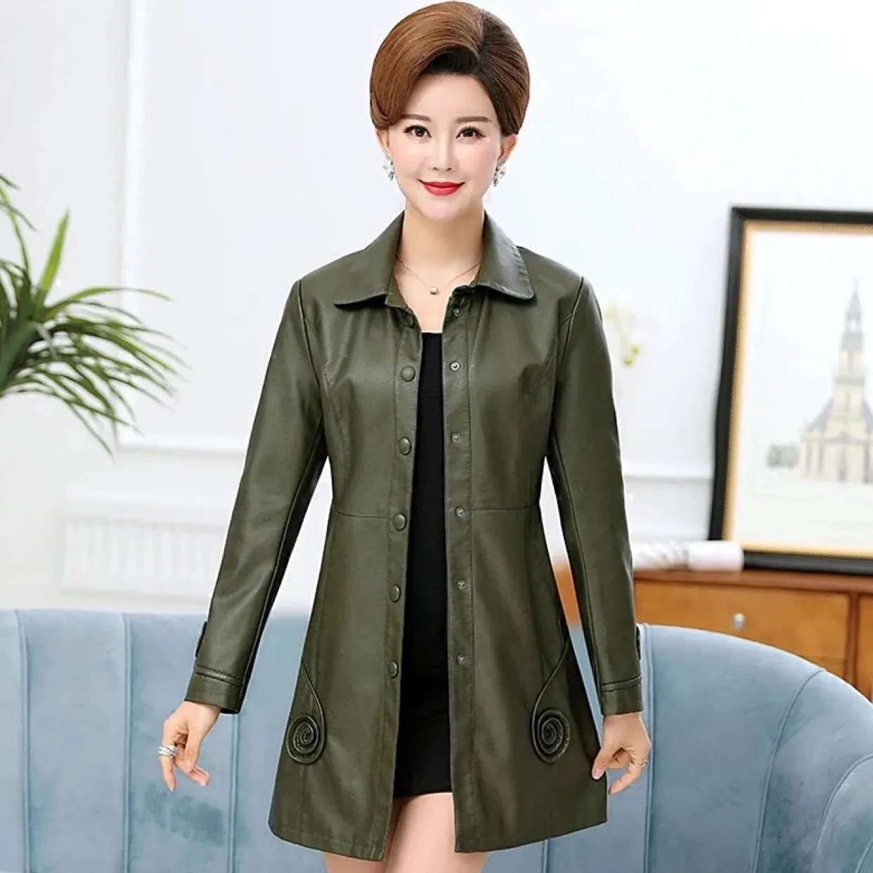 2023New Women Leather Jacket Spring Autumn Mid-Long High End Leather Windbreaker Coat Middle Aged Mother Large Size Overcoat 6XL