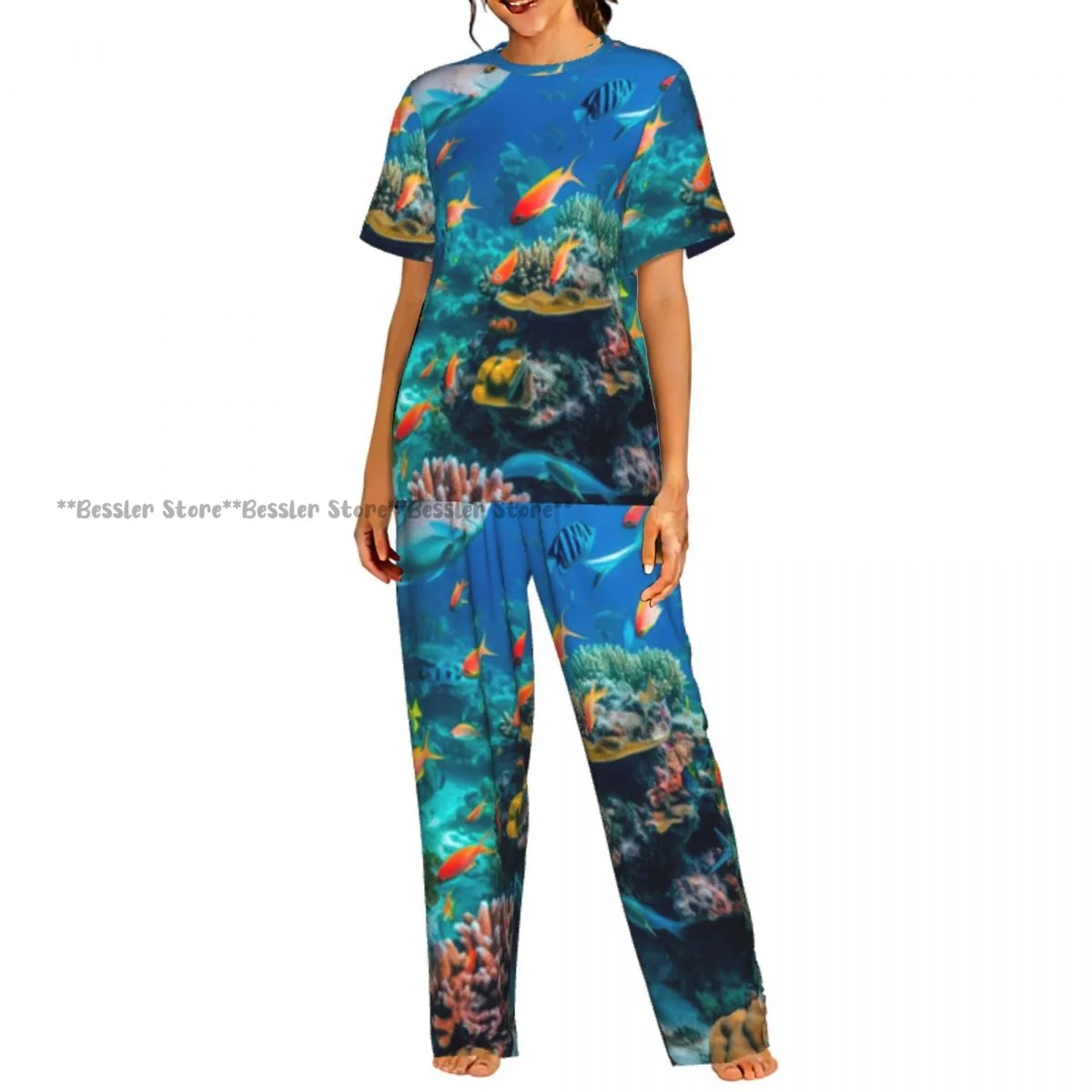 Conjunto de pijamas para mujer, ropa de dormir de manga corta con diseño de peces y animales marinos coloridos, ropa de casa de 2 piezas