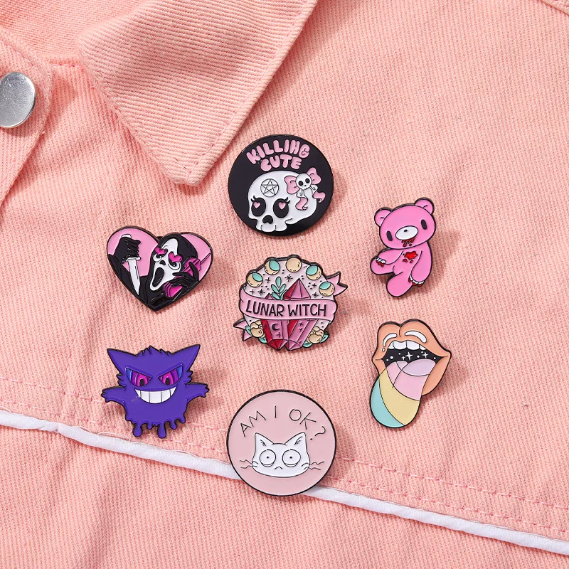 Pink Heart Brain Enamel Brooch Goth Witch Evil Eye Mushroom Pizza Skull Demon Badge Funny Tombstone Punk Lapel Pins Jewelry Gift