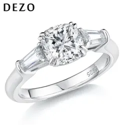 DEZO All Moissanite Engagement Rings For Women Three Stone Solid 925 Silver Cushion Cut 2 Carat VVS1 D Color GRA Certificate