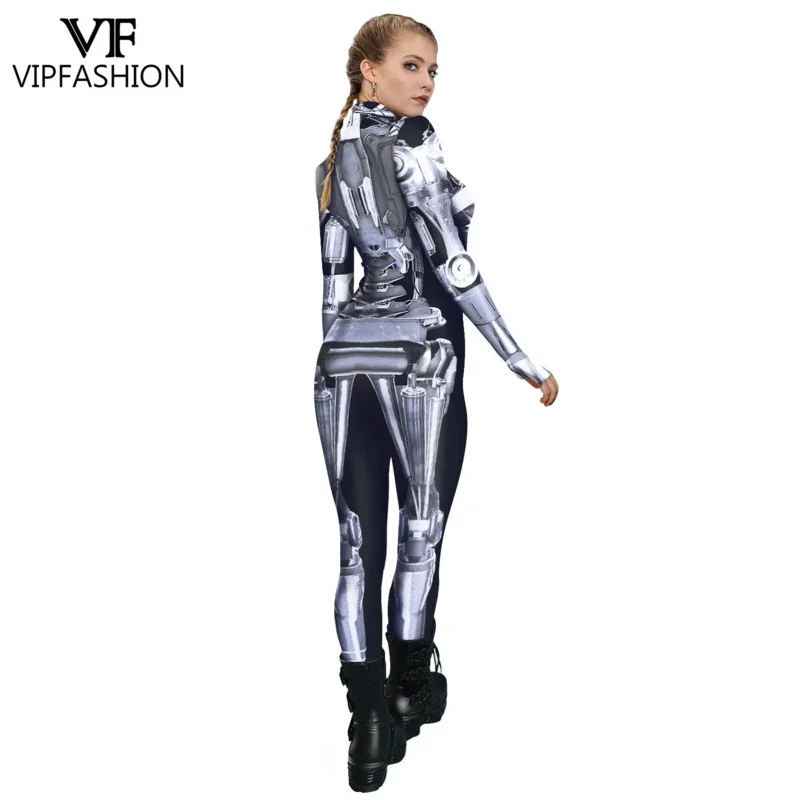 VIP Moda Halloween Robot Punk Esqueleto Impresso Cosplay Trajes para Mulheres Sexy Zentai Bodysuit Macacões de Carnaval, Vestido extravagante