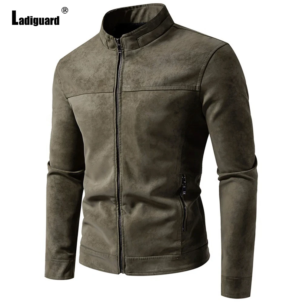 

Men's Faux Leather Jackets Green Brown Coats 2025 Autumn Winter Suede Leather Motorcycle Jacket Men Zipper Pocket Outerwear New