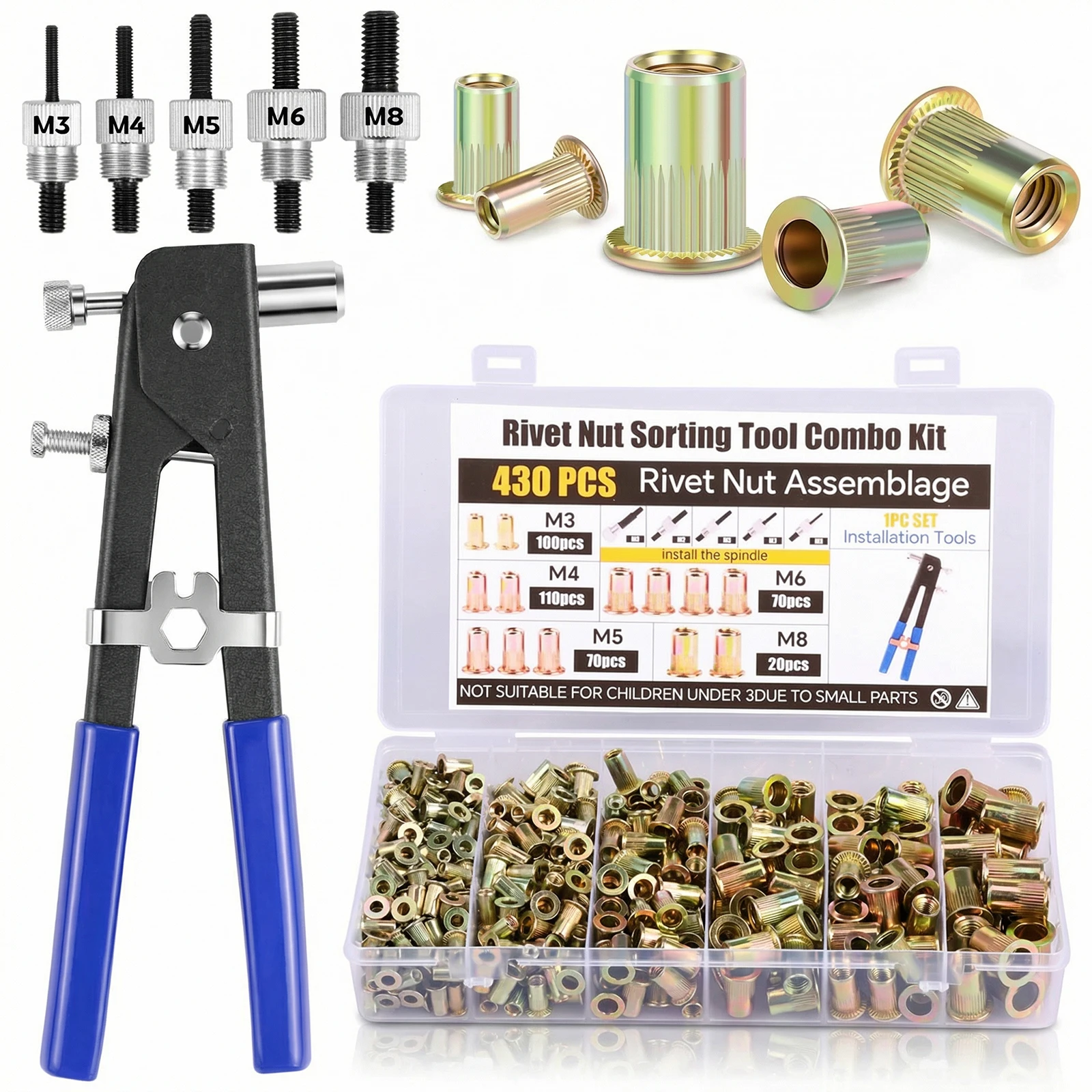 430Pcs Rivet Nut Tool Kit M3 M4 M5 M6 M8 Alloy Steel Metric Rivet Nut Combination for Auto Aviation and Construction Application