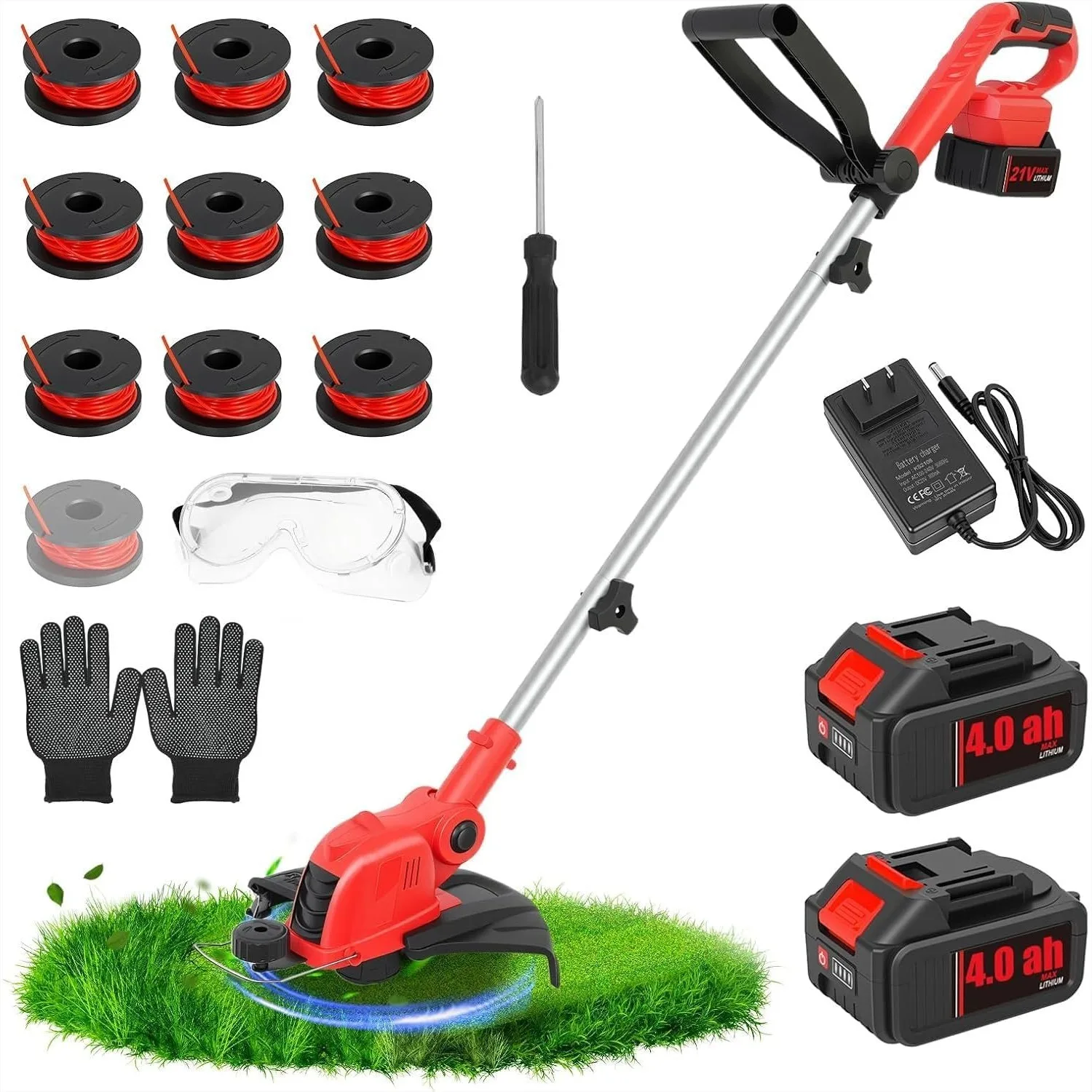 

Cordless String Trimmer & Edger, 21V Weed Wacker with 2x4.0Ah Batteries, 12" Auto Feed Grass Trimmer, 2-in-1 Electric Weed Eater