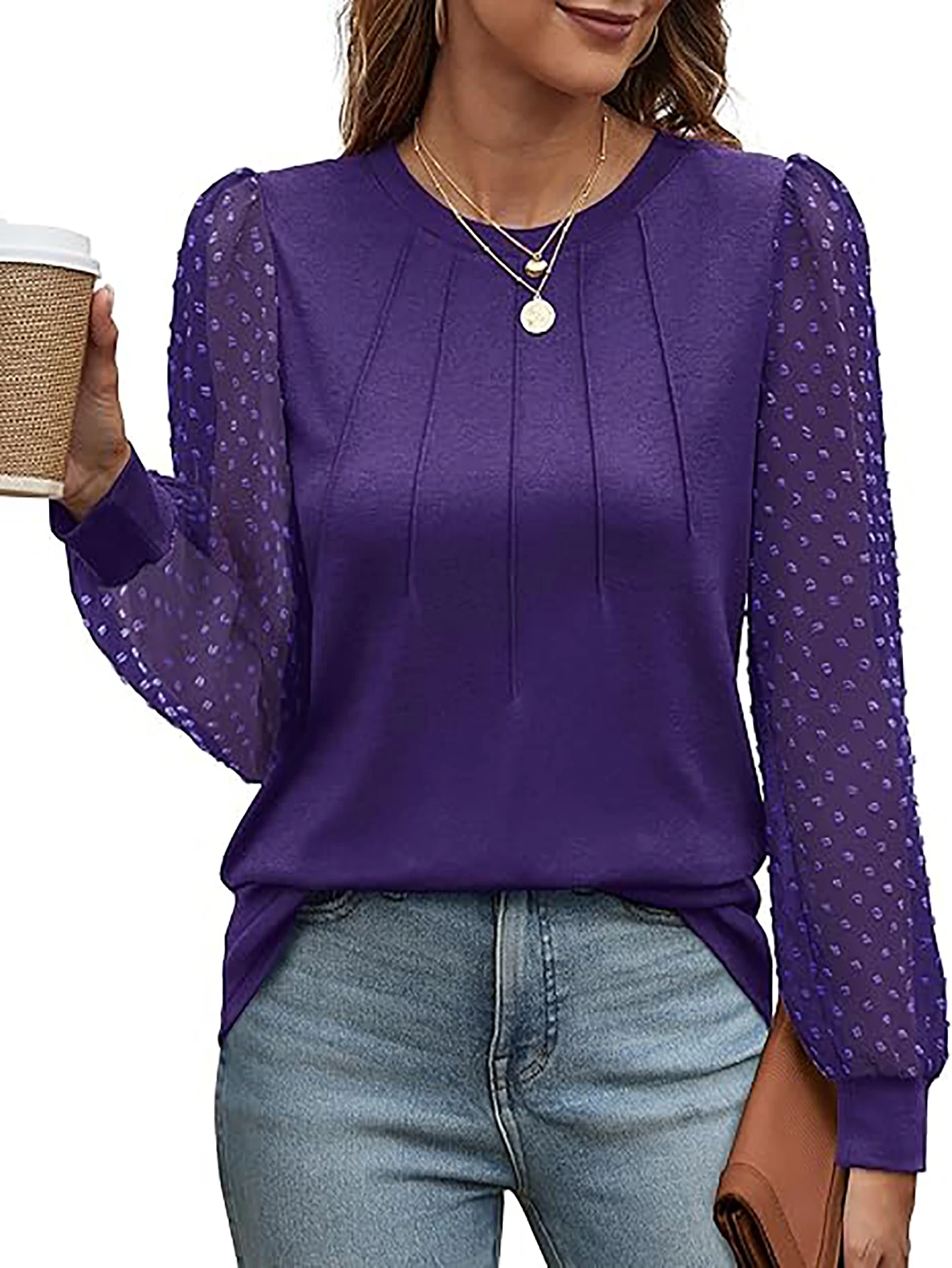 Aamikast Spring And Fall Solid Top Women’s Lace Long Sleeeve Shirt T-shirt Patchwork Round Neck Undershirt Purple Black 1XL-5XL