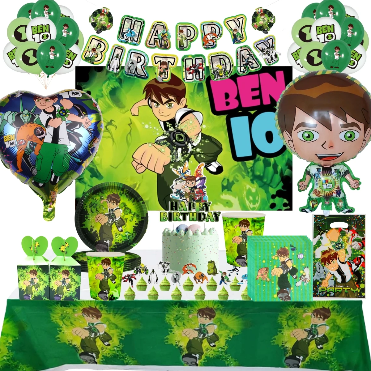 Ben 10 Birthday Party Decoration Disposable Tableware Set Cup Plate Tablecloth Backdrop Balloon Baby Shower Boys Party Supplies