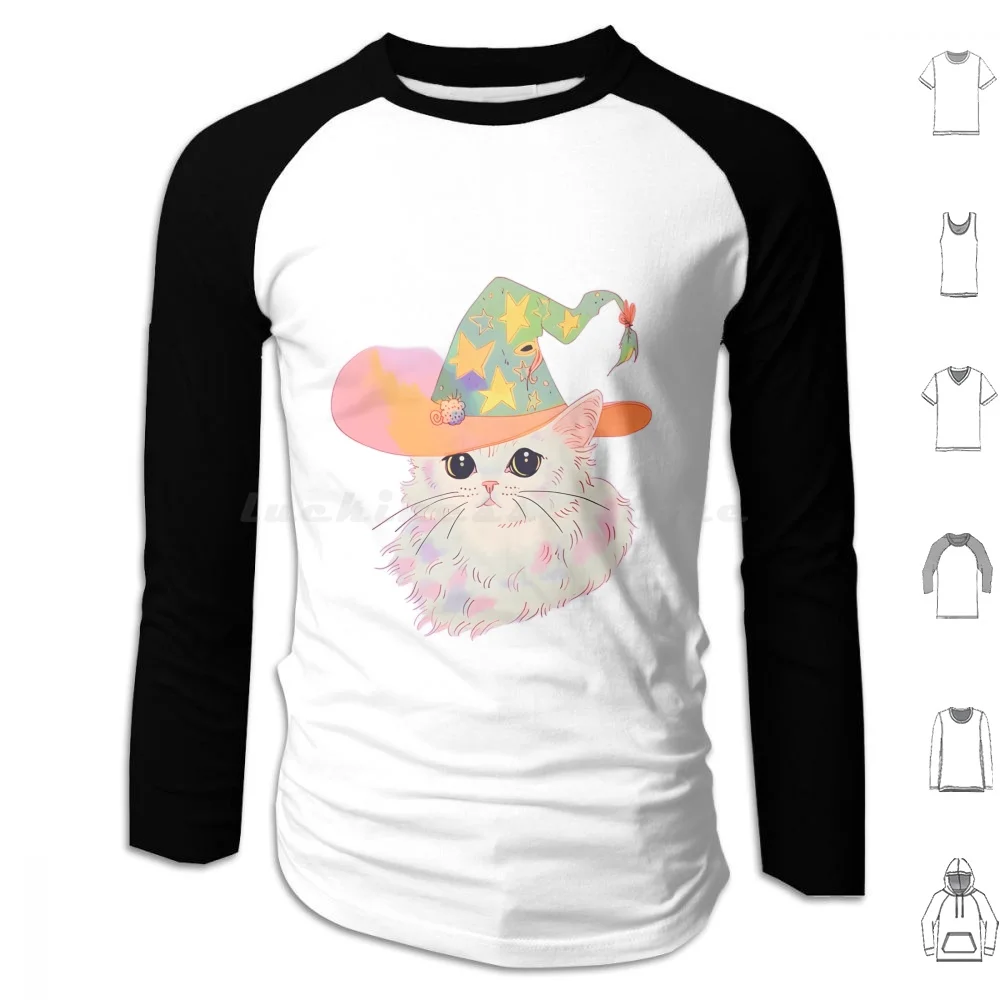 

Cat With Wizard Hat Hoodie cotton Long Sleeve Cat Feline Hat Wizard Magic Funny Cute White White Cat Spooky Halloween Kawaii