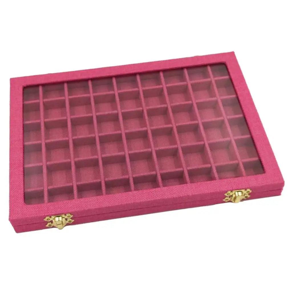 54 Section Velvet Glass Lid Jewelry Display Organiser Case