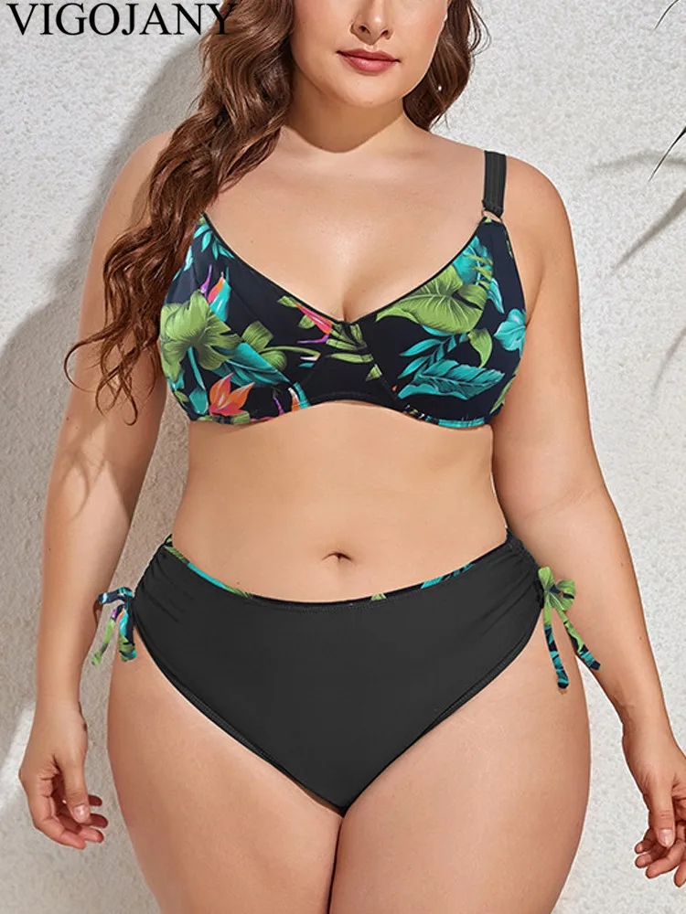 VigoJany 2025 Print Strapped 2-częściowe bikini Plus Size Women Sexy Push UP High Waist Large Swimsuit Backless Chubby Strój kąpielowy