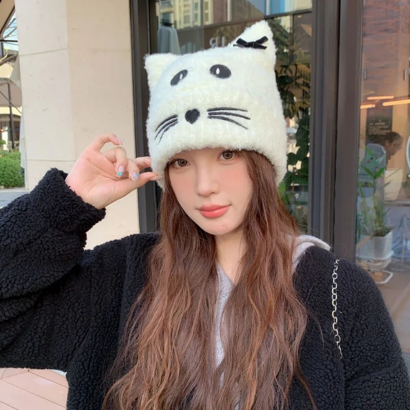 Autumn and Winter Versatile Velvet Thickened Warm Ear Protector Cute Knitted Wool Hat Female Korean Trendy Kitten Pullover Hat