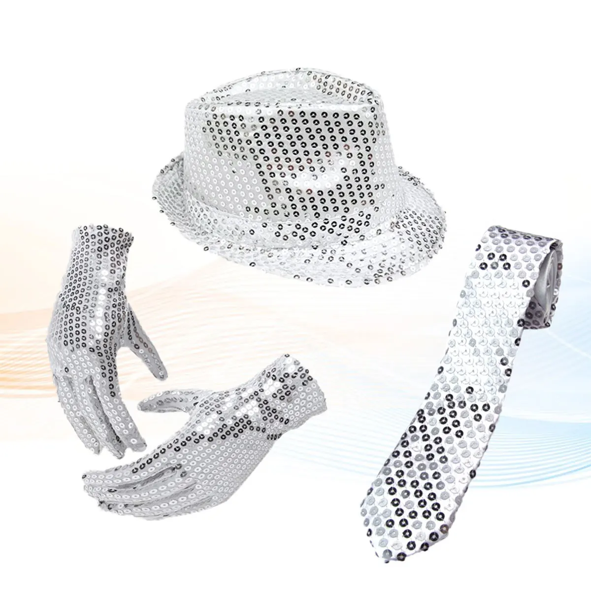 Set di accessori con paillettes da 3 pezzi, cappello in argento, guanto da cravatta per adulti, leggero e portatile, per spettacoli di danza, costumi jazz, novità per feste