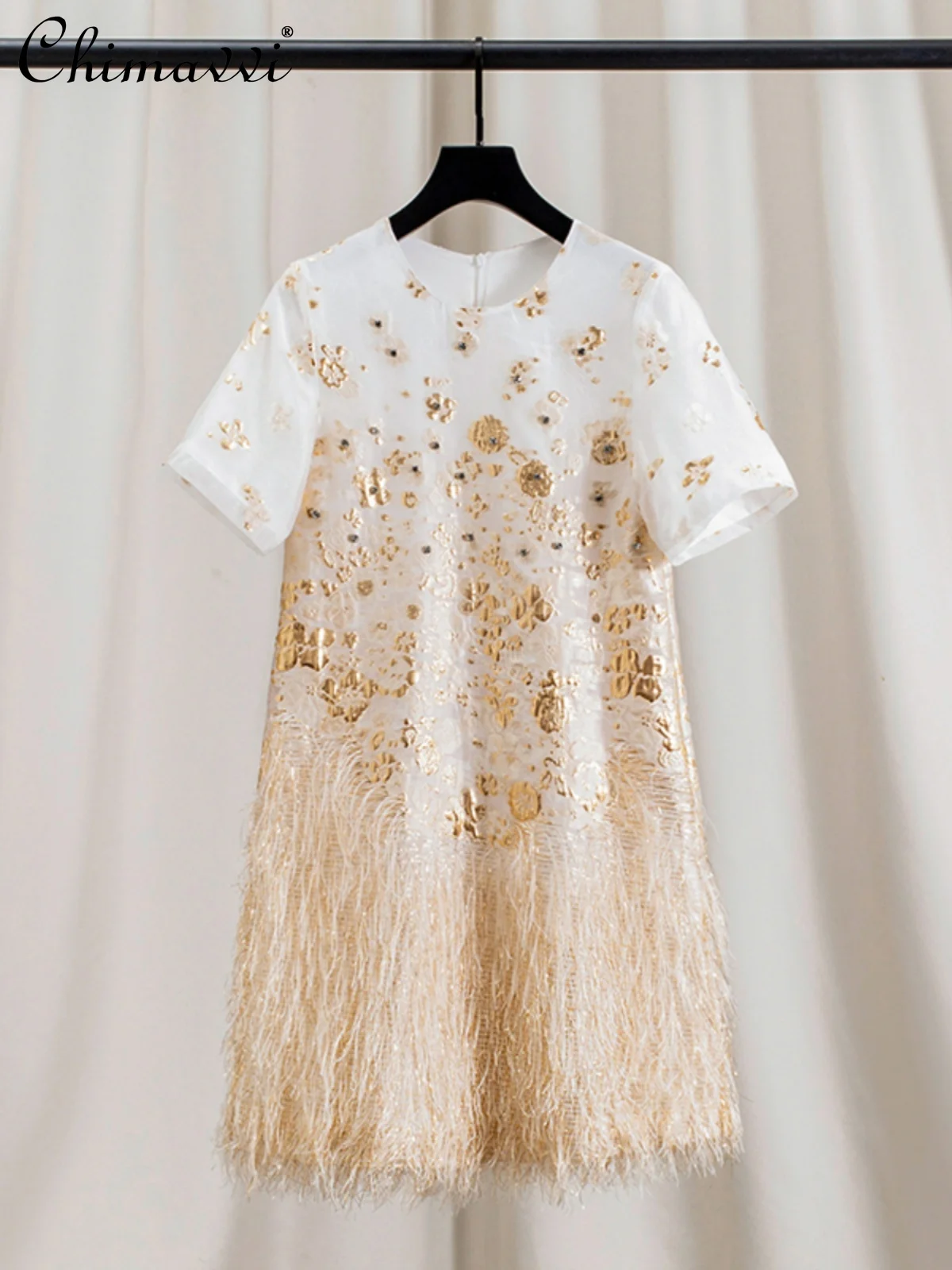 

Chinese Style Rhinestone Golden Bright Silk A-Line Dress Women 2024 Summer Tassel Feather Short Sleeve round Neck Princess Dress