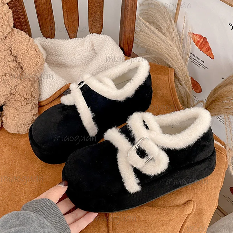 

Женская хлопковая обувь на толстой подошве с мягкой подкладкой в стиле ретро, замшевые зимние ботинки с пряжкой на ремне, повседневные плюшевые теплые зимние ботинки на плоской подошве
