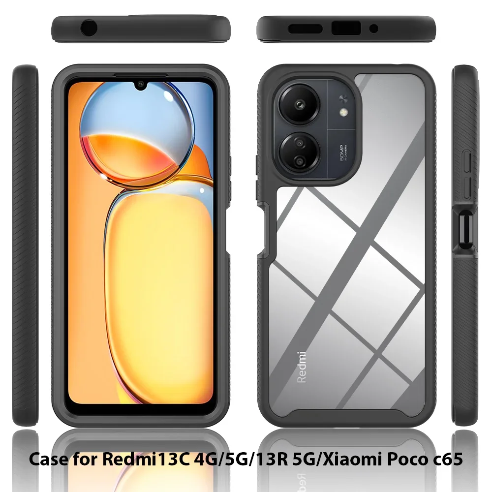 2 in 1 Rugged Armor Shockproof Phone Case For Xiaomi Redmi 13C Poco C65 4G Soft TPU Frame Hard Plastic Transparent Back Cover