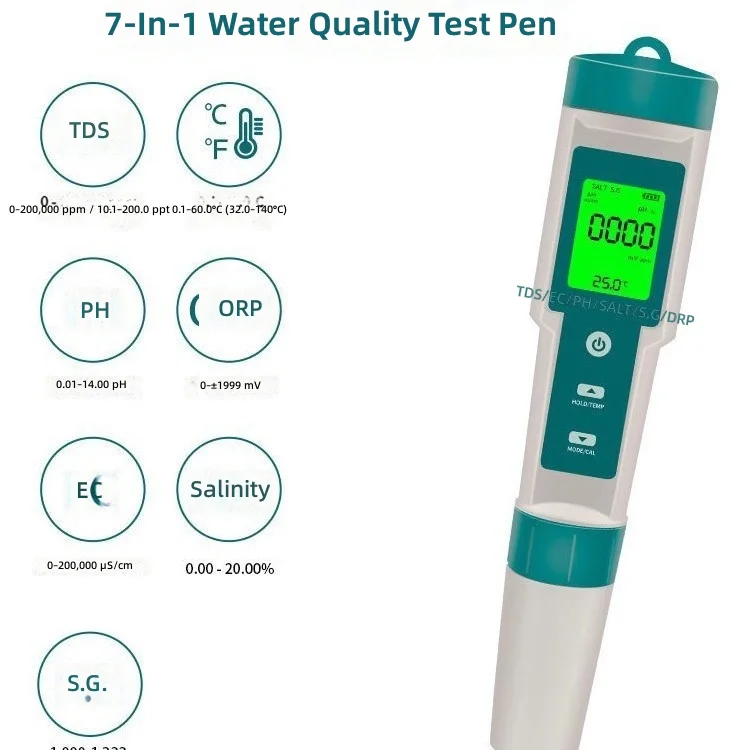 Seven-in-one water quality test pen test pH meter/TDS/TEMP/EC/salinity/SG/O RP detector to measure water