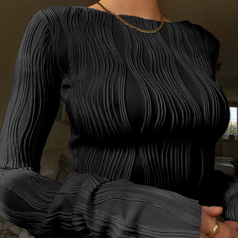 Slim Fit Cut Bottom Shirt Autumn Y2K Top Women's Fashionable Casual Pleated Long Sleeved T-Shirt Shirt Women's