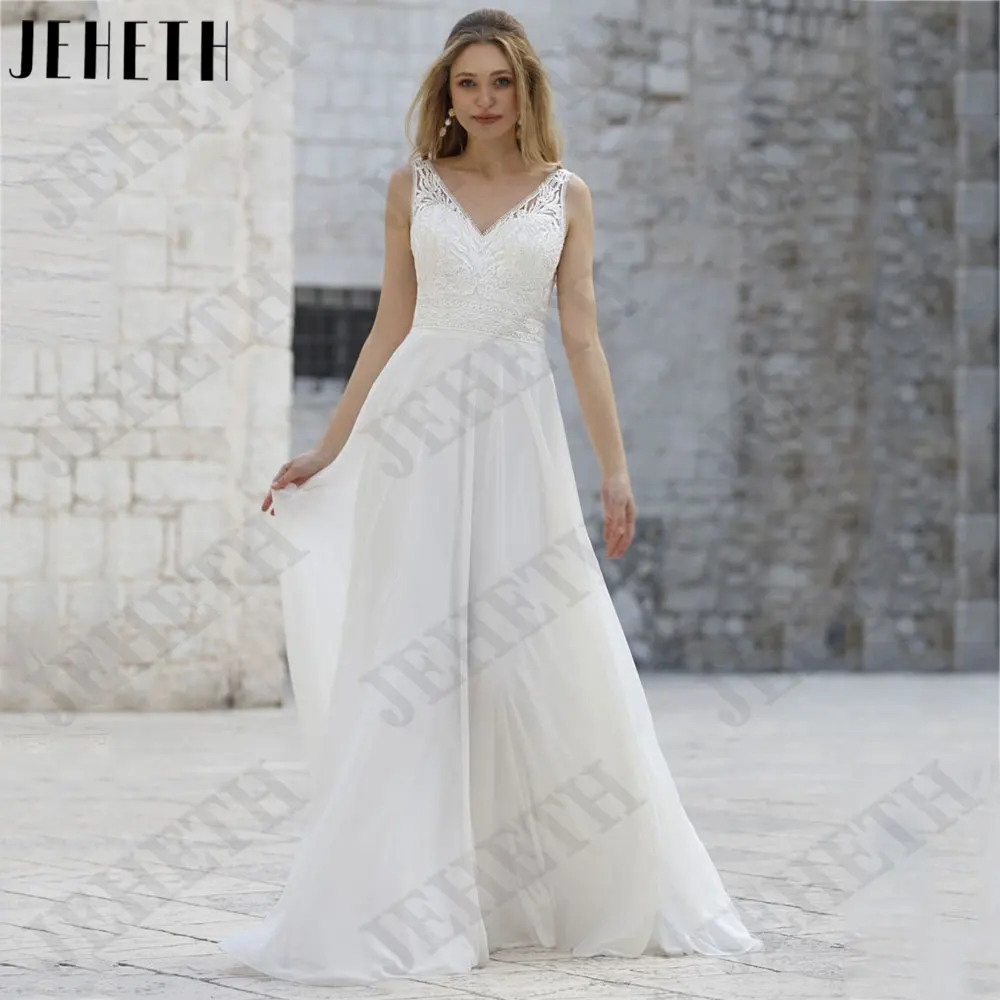 

JEHETH Chiffon V-Neck A-Line Wedding Dresses Backless Sleeveless Bride Gowns Lace Appliques vestidos de novia 2024 Custom Made