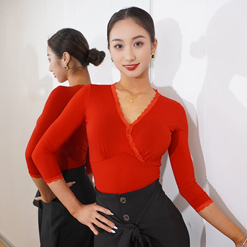 Tops de baile latino con encaje y cuello en V para mujer, ropa de baile de salón, traje de baile de Tango Rumba, Tops de práctica rojos y negros, DNV17974