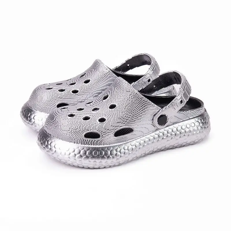 

New Fashion Silver Platform Sandals for Couples Summer Outdoor Closed Toe Non-Slip Soft Sole Beach